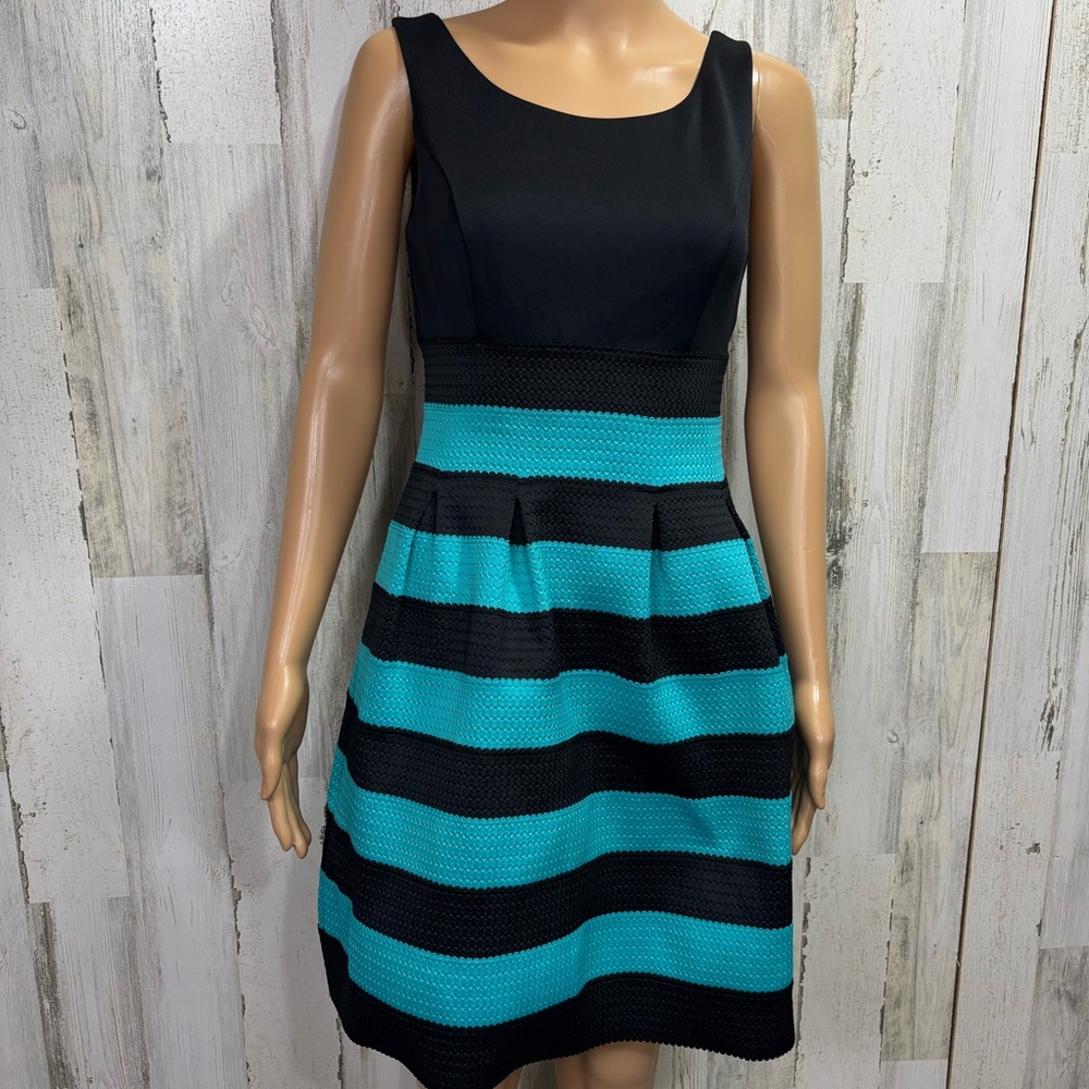 New York & Company Black and Teal Striped Sleeveless Bubble Dress